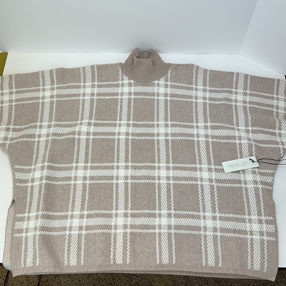 Rachel Zoe Pull Over Poncho Sweater One Size Cream Tan Window Pane Mock Neck - Picture 2 of 12